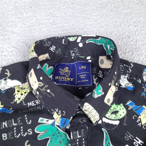 Rugby University Shirt Mens Large Black Colorful Christmas Funny Button Down - Picture 4 of 14